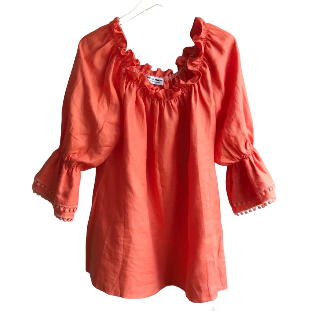Paris Susan Sutherland Linen Blouse XL Coral Embroidered - Picture 15 of 16